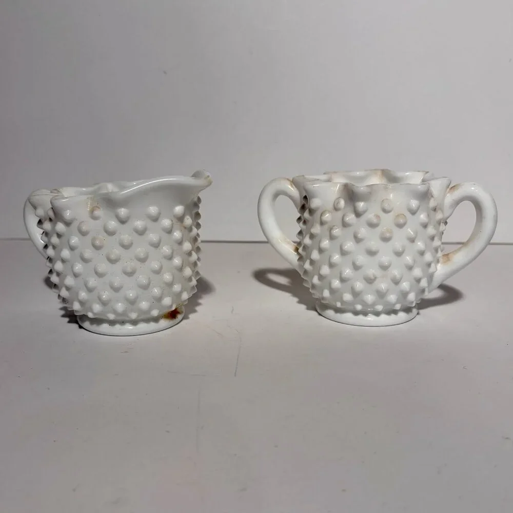 Vintage Old Fenton Milk Glass Hobnail Star Top Sugar and Creamer Set